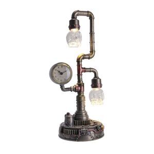 Steampunk Pipework Clock Stand Cordless LED Skull Bulb Copper Accent Desk Light
